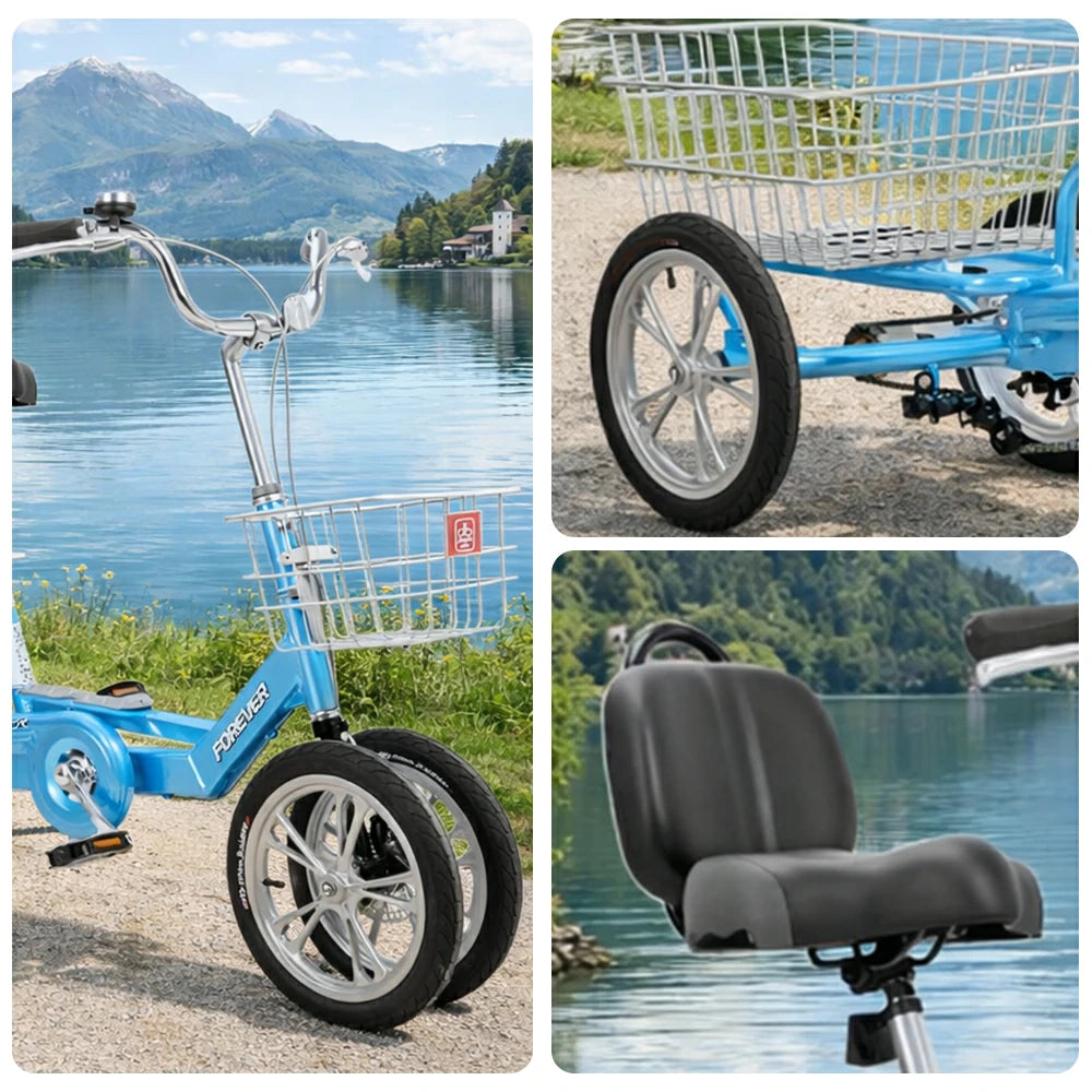 VOLTUS 14" Tricycle Dual Front-Wheel Design Lightweight Aluminum Alloy Frame 135kg Max Load Waterproof Bottom Bracket Large Storage Baskets - Blue