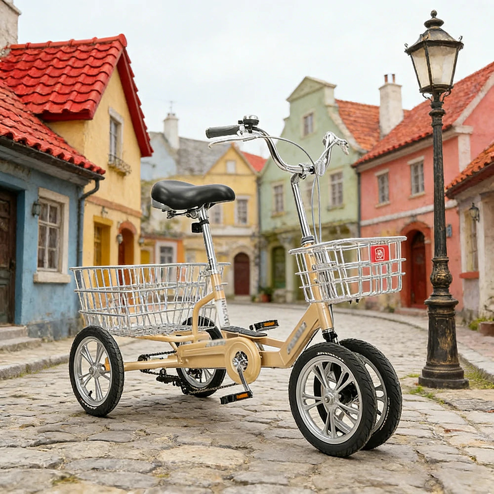 VOLTUS 14" Tricycle Dual Front-Wheel Design High-Strength Steel Frame 135kg Max Load Waterproof Bottom Bracket Large Storage Baskets - Yellow