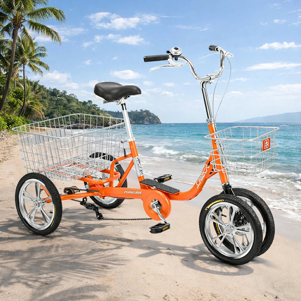 VOLTUS 14" Tricycle Dual Front-Wheel Design High-Strength Steel Frame 135kg Max Load Waterproof Bottom Bracket Large Storage Baskets - Orange