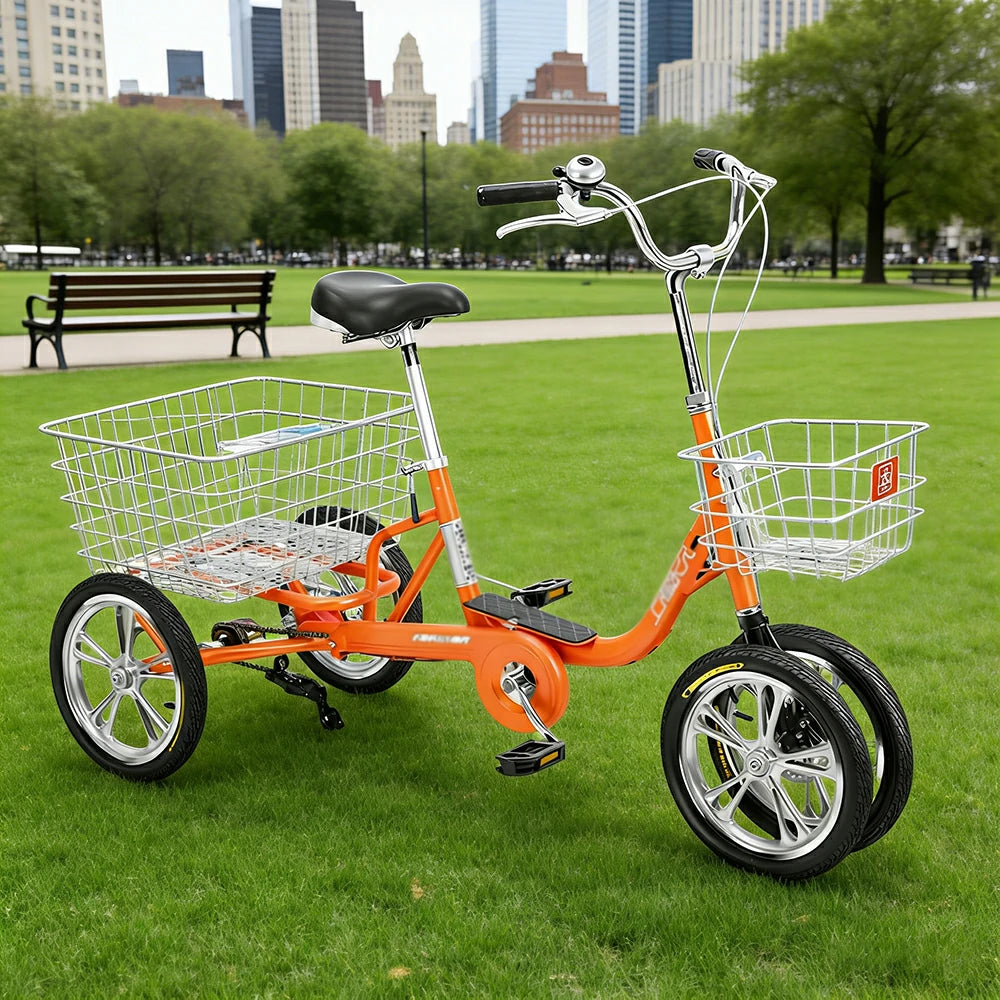 VOLTUS 14" Tricycle Dual Front-Wheel Design High-Strength Steel Frame 135kg Max Load Waterproof Bottom Bracket Large Storage Baskets - Orange