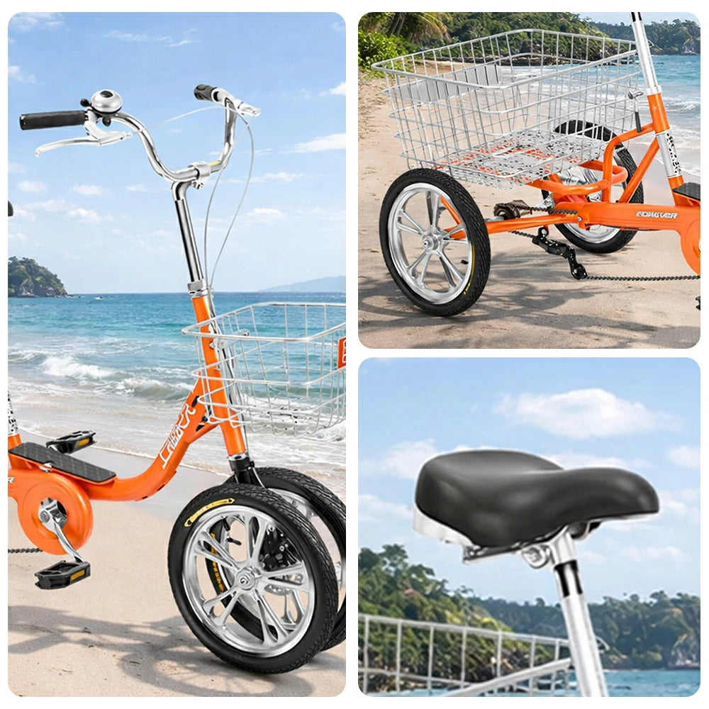 VOLTUS 14" Tricycle Dual Front-Wheel Design High-Strength Steel Frame 135kg Max Load Waterproof Bottom Bracket Large Storage Baskets - Orange