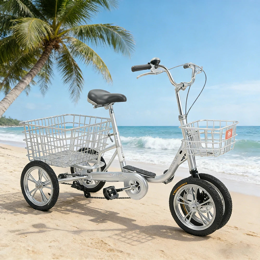 VOLTUS 14" Tricycle Dual Front-Wheel Design High-Strength Steel Frame 135kg Max Load Waterproof Bottom Bracket Large Storage Baskets - Silver