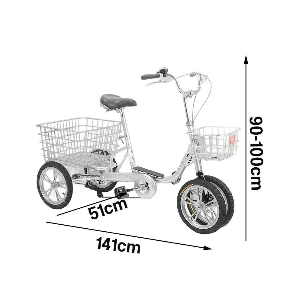 VOLTUS 14" Tricycle Dual Front-Wheel Design High-Strength Steel Frame 135kg Max Load Waterproof Bottom Bracket Large Storage Baskets - Silver