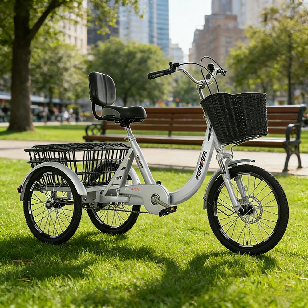 VOLTUS Tricycle High-Strength Steel Frame 135kg Max Load Shimano 6-Speed Adjustable Saddle Large Rear Basket - Silver