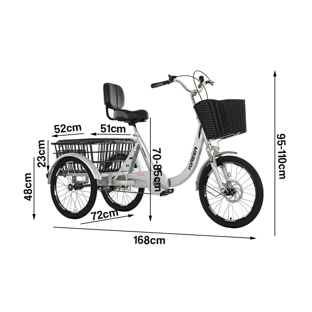 VOLTUS Tricycle High-Strength Steel Frame 135kg Max Load Shimano 6-Speed Adjustable Saddle Large Rear Basket - Silver