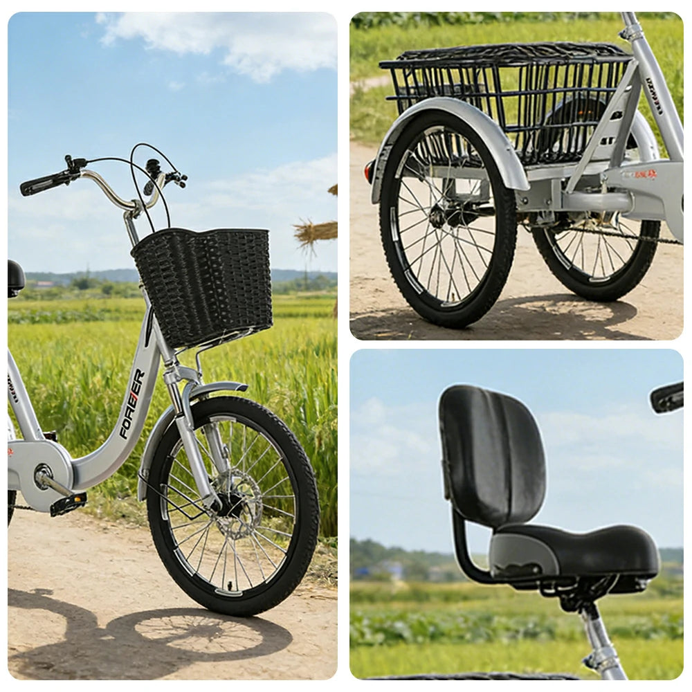 VOLTUS Tricycle High-Strength Steel Frame 135kg Max Load Shimano 6-Speed Adjustable Saddle Large Rear Basket - Silver