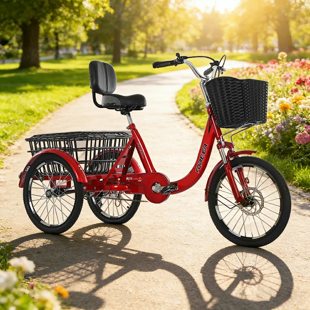 VOLTUS Tricycle High-Strength Steel Frame 135kg Max Load Shimano 6-Speed Adjustable Saddle Large Rear Basket - Red