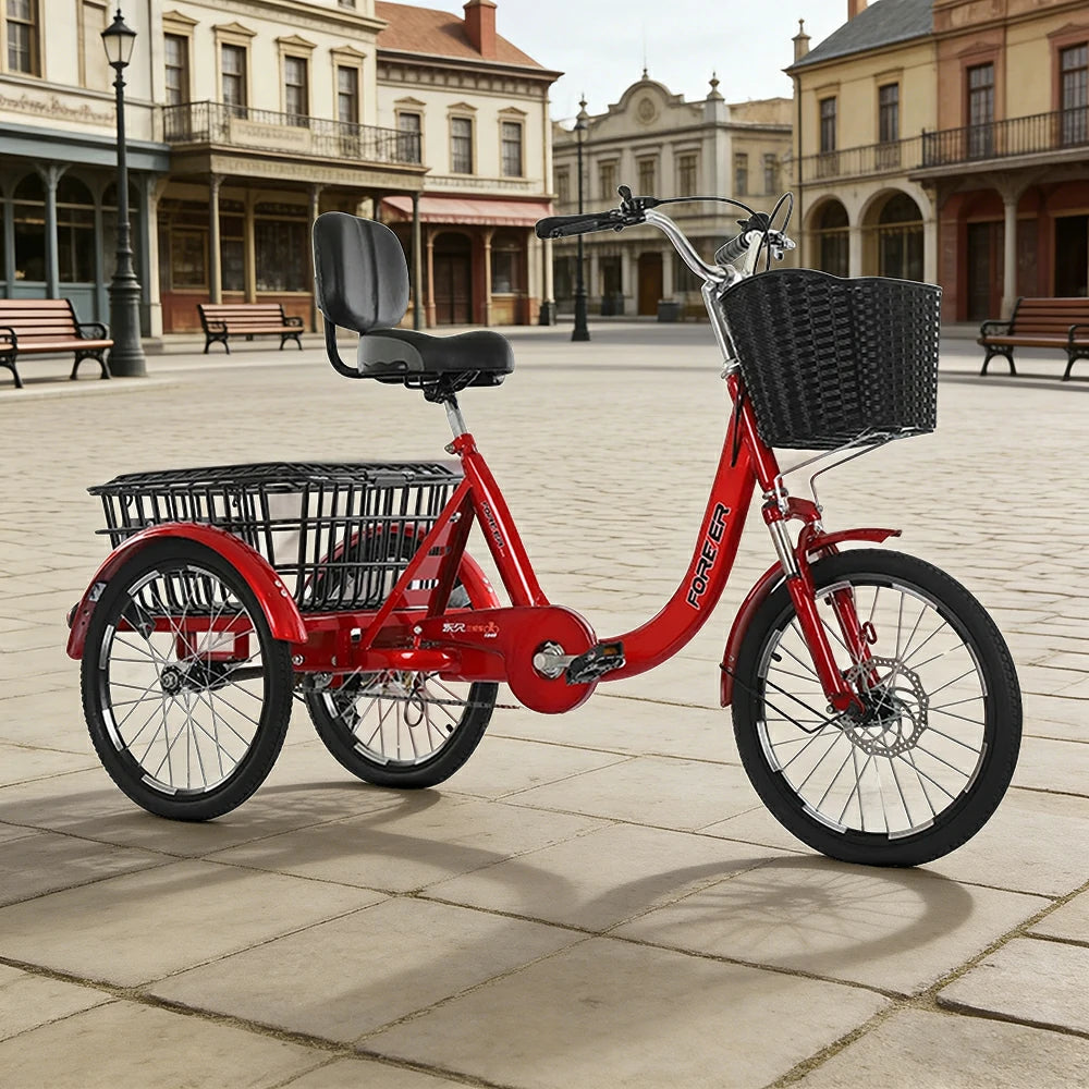 VOLTUS Tricycle High-Strength Steel Frame 135kg Max Load Shimano 6-Speed Adjustable Saddle Large Rear Basket - Red