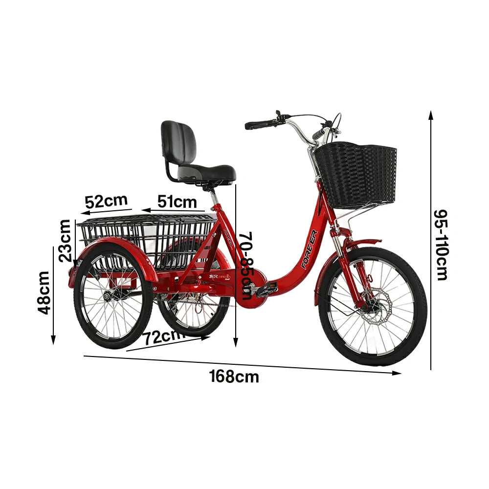 VOLTUS Tricycle High-Strength Steel Frame 135kg Max Load Shimano 6-Speed Adjustable Saddle Large Rear Basket - Red
