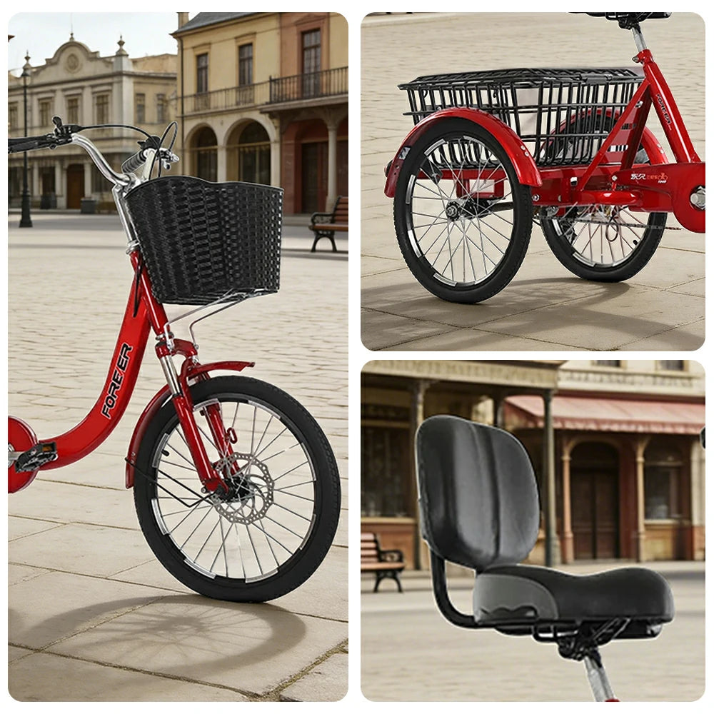 VOLTUS Tricycle High-Strength Steel Frame 135kg Max Load Shimano 6-Speed Adjustable Saddle Large Rear Basket - Red