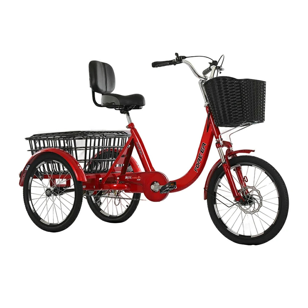 VOLTUS Tricycle High-Strength Steel Frame 135kg Max Load Shimano 6-Speed Adjustable Saddle Large Rear Basket - Red