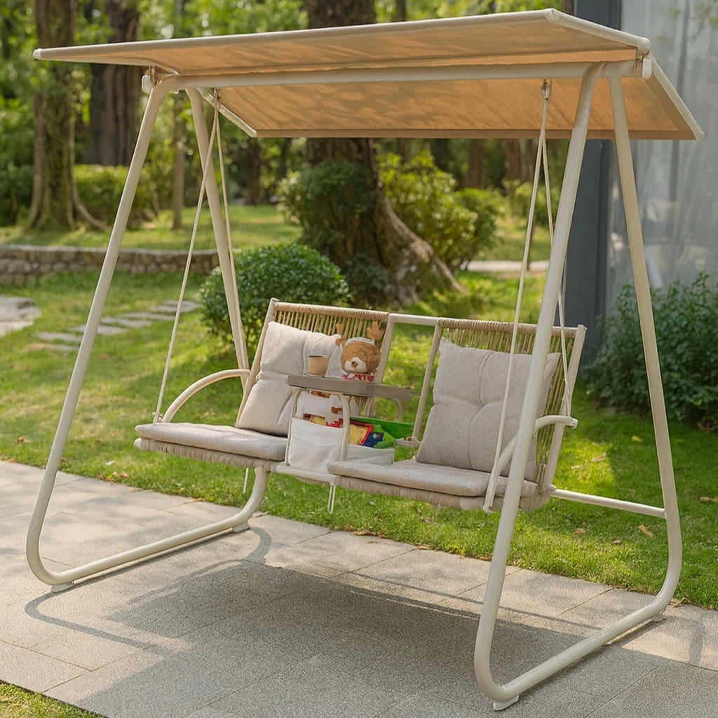 SOLARA Outdoor Canopy Swing Chair - Multi-Functional Design with Storage Organizer, Alloy Steel Frame, Patio & Garden Relaxation Seat - White