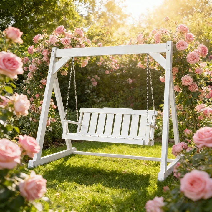 SOLARA Outdoor Swing Chair Reinforced Triangular Frame Solid Wood Structure Stainless Steel Chains - White