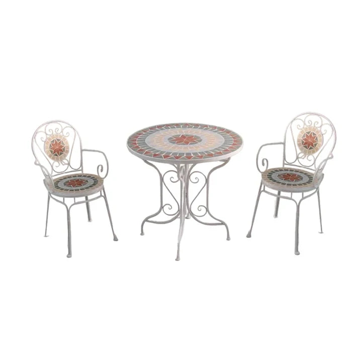 SOLARA 65/80cm Outdoor Table and 2 Chairs Set - Weather Resistant Patio Table with Mosaic Tile Top and Heavy Duty Steel Frame - White