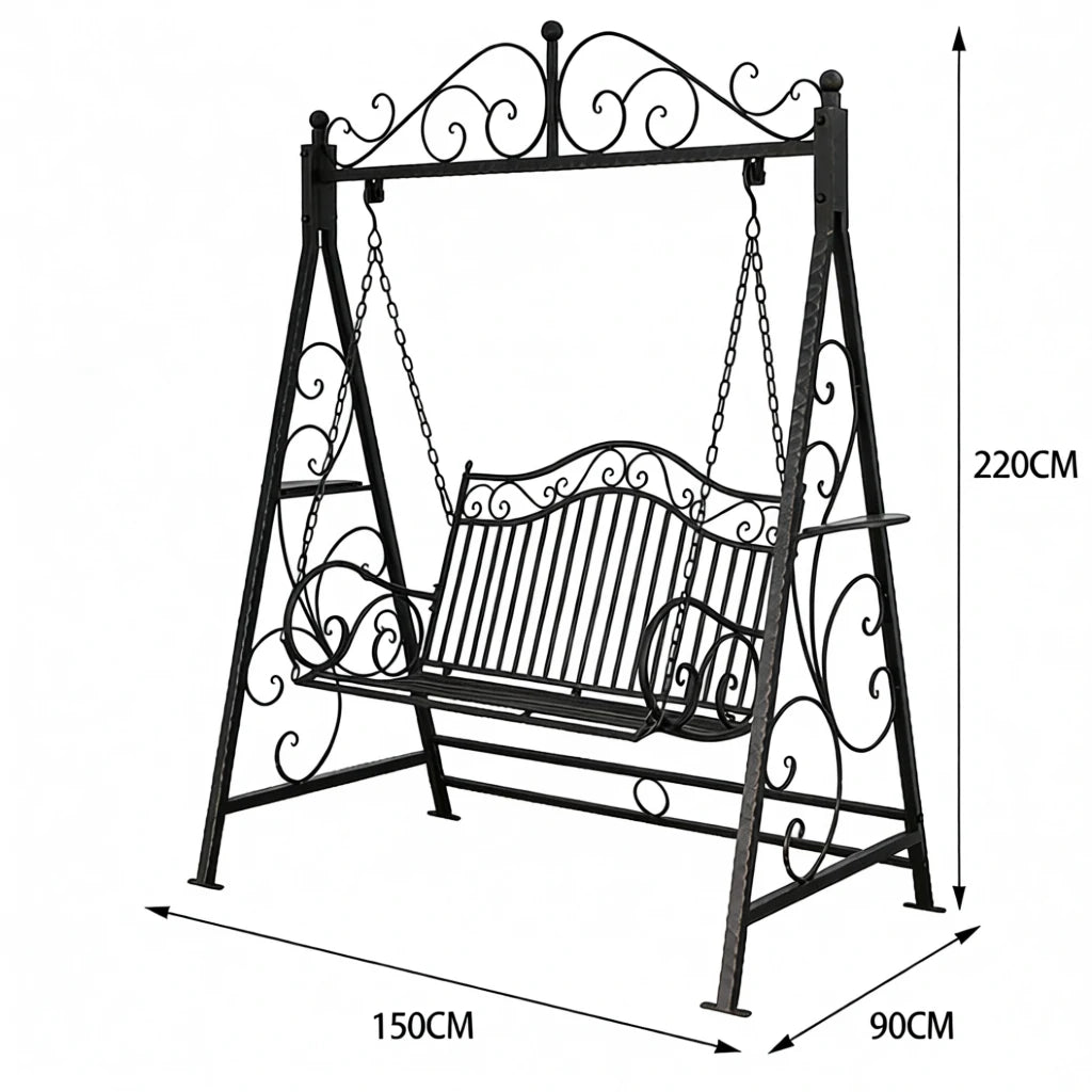 SOLARA YY02B 150cm Wrought Iron Garden Swing Chair – Black/White/Red/Green Straight Backrest Outdoor Use