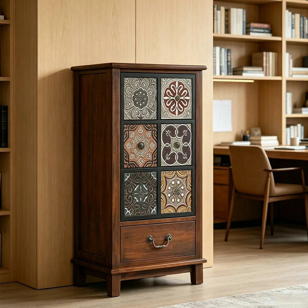 LIVARA American Vintage Storage Cabinet - Solid Wood Painted Drawer Chest with Slim Design - 83cm Entryway Side Cabinet - Chestnut
