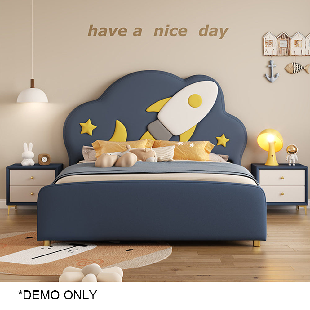 LIVARA Silicone Leather Kids Bed Solid Wood Frame - Dark Blue