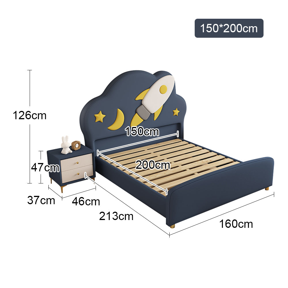 LIVARA Silicone Leather Kids Bed Solid Wood Frame - Dark Blue