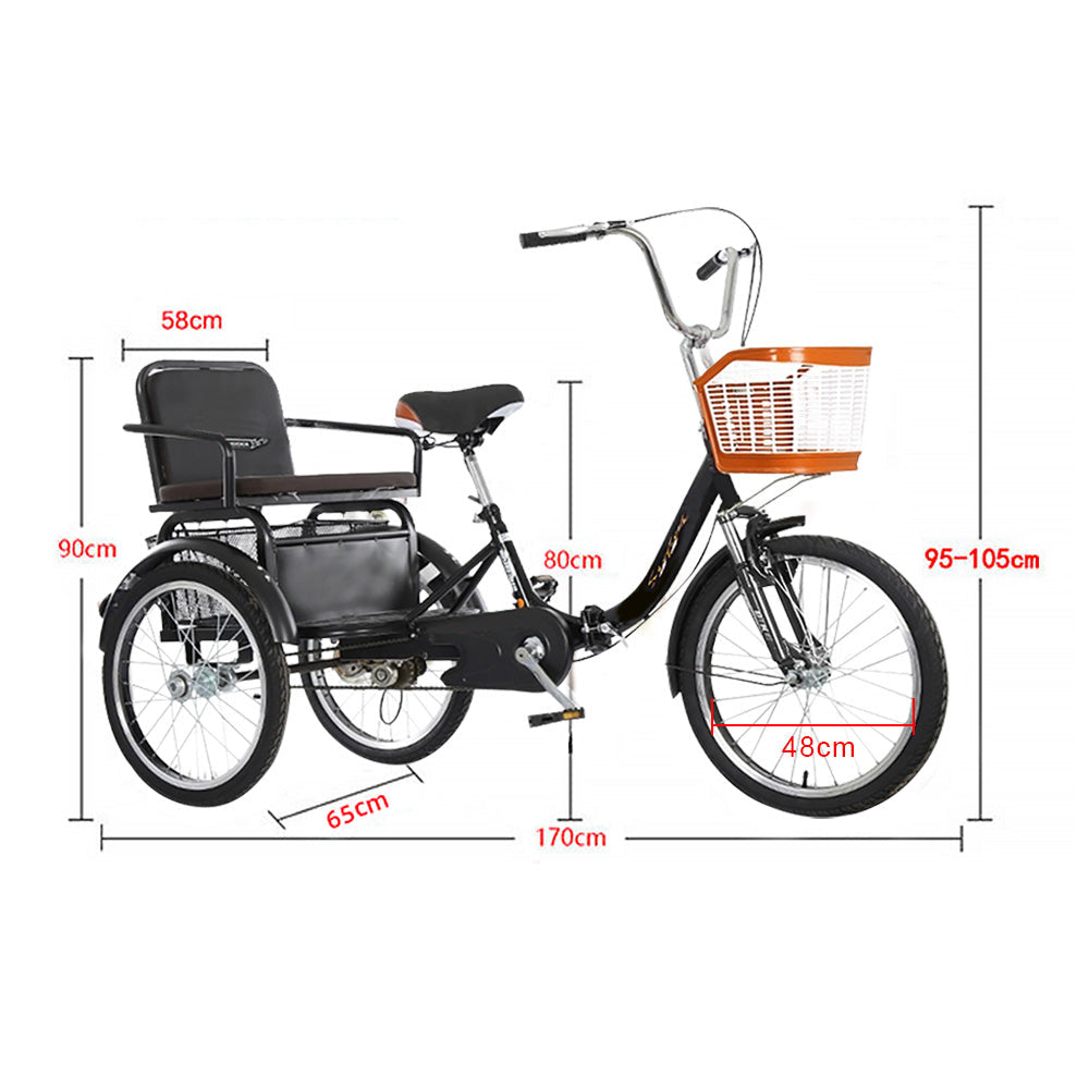 VOLTUS 20 Inches Suspension Fork Foldable 3 Wheels Bike W/ Basket Widened Seat Adult Tricycle