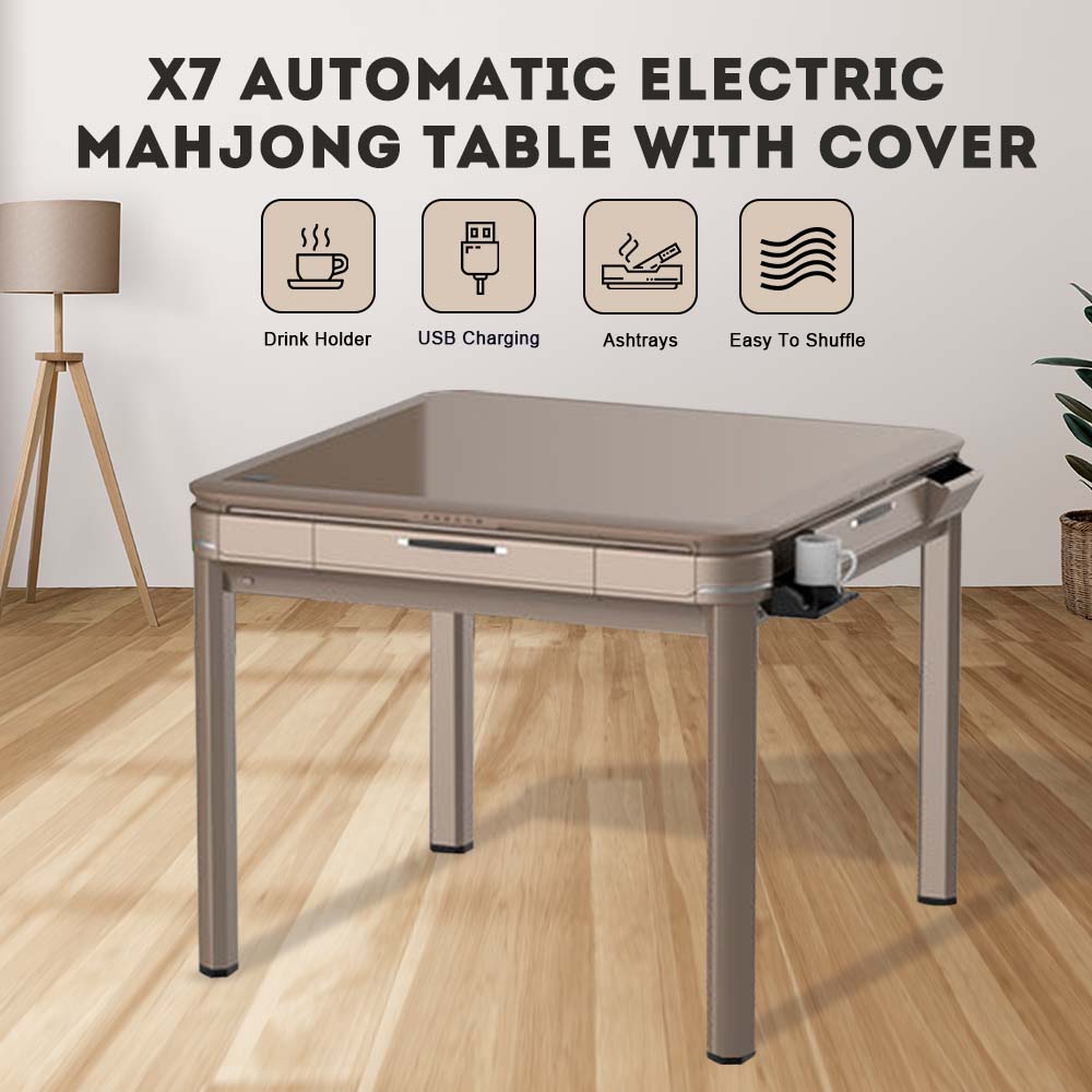 HEXJON Dining Table X7/ Automatic Mahjong Table with Cover, Cup Holders, Ashtrays, Storage Boxes, and USB Charging-Champagne