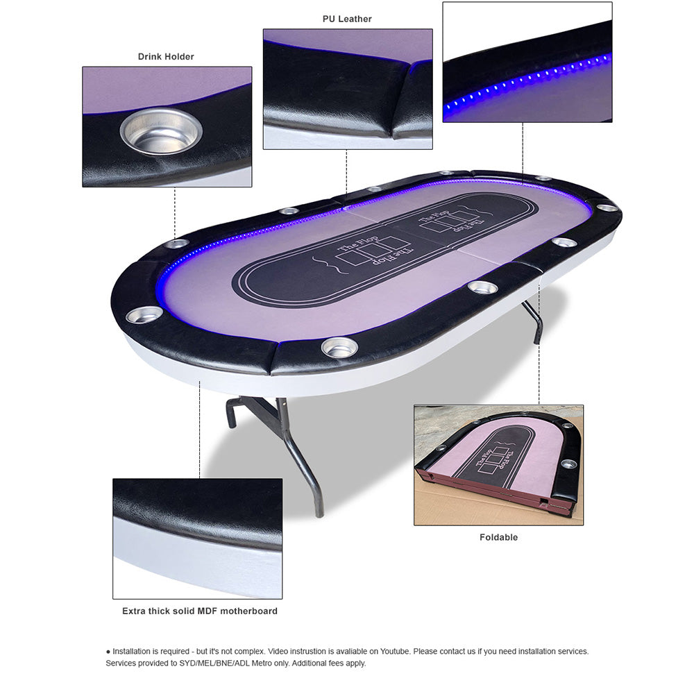 VERSA PK018 7FT MDF LED Light Foldable Poker Table 10 Players Gaming Game Room