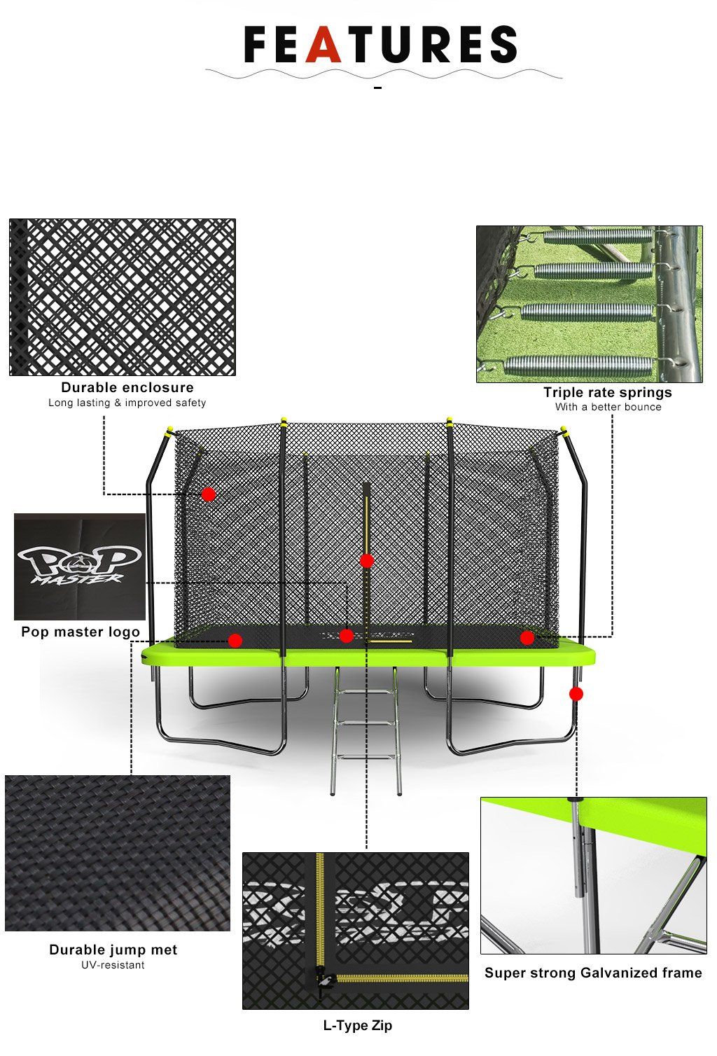POP MASTER 8FT x 11FT Rectangular Trampoline with Spring Ladder Safety Net Kids