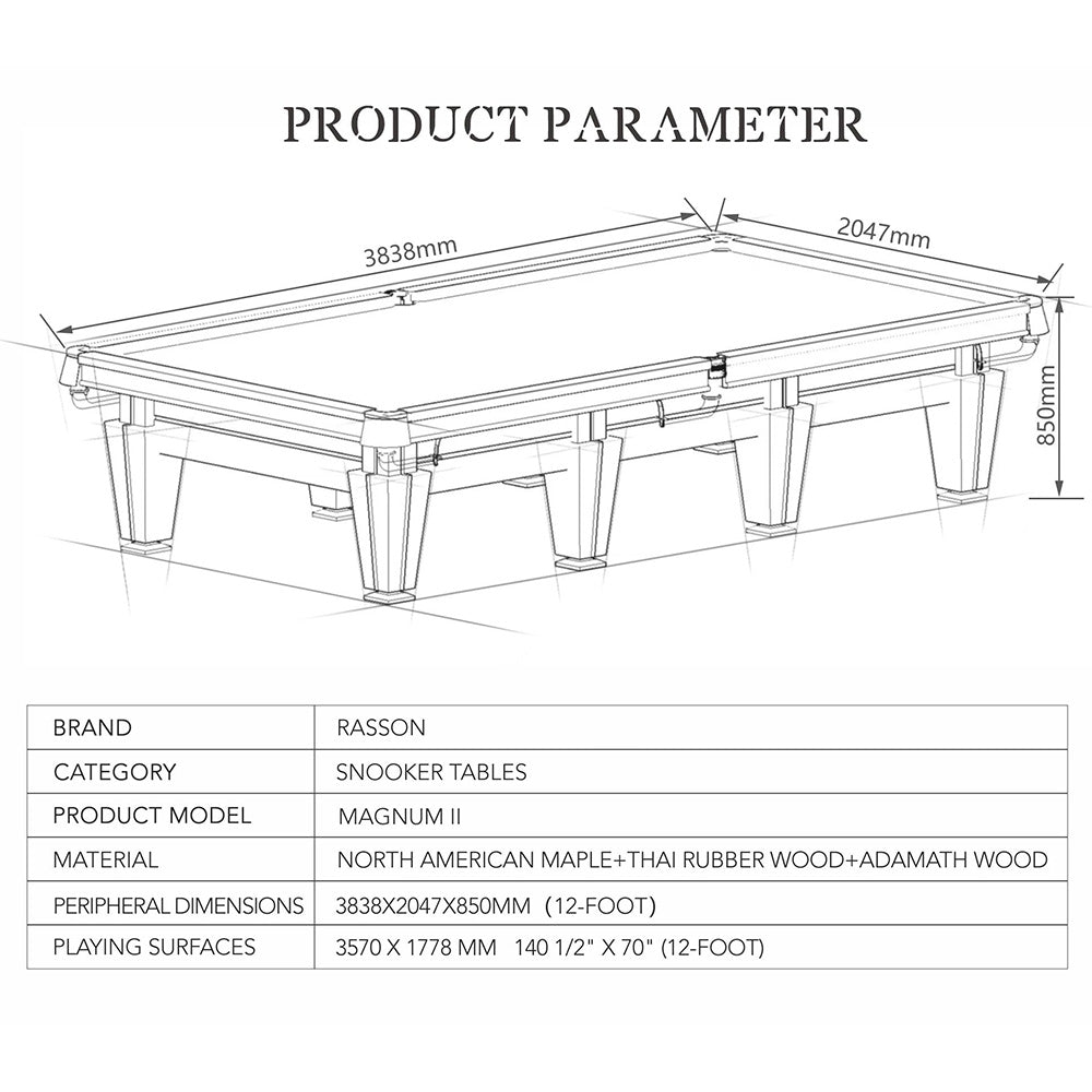 RASSON 12FT Magnum II Luxury Competition Pool / Billiards / Snooker Table