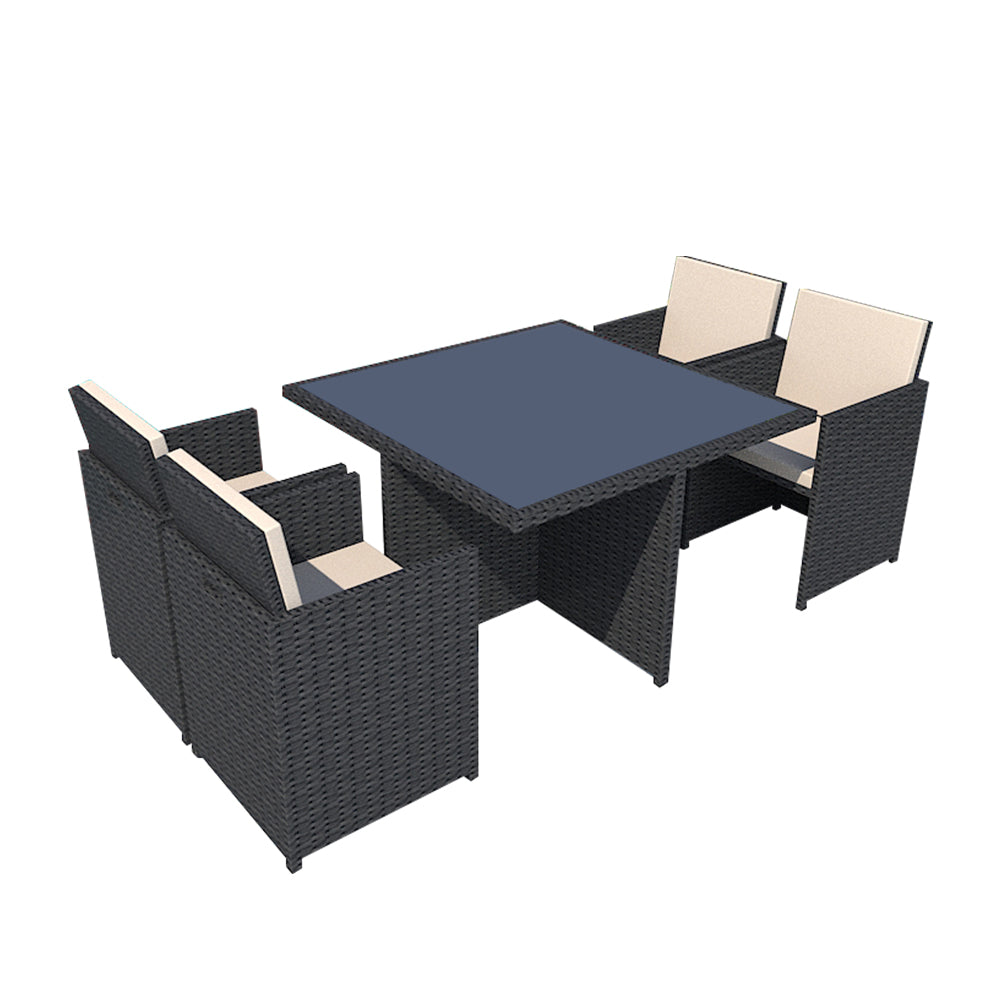 SOLARA 5-Piece 1 Table 4 Chairs PE Rattan Outdoor Dining Set Tempered Glass Desktop - Black