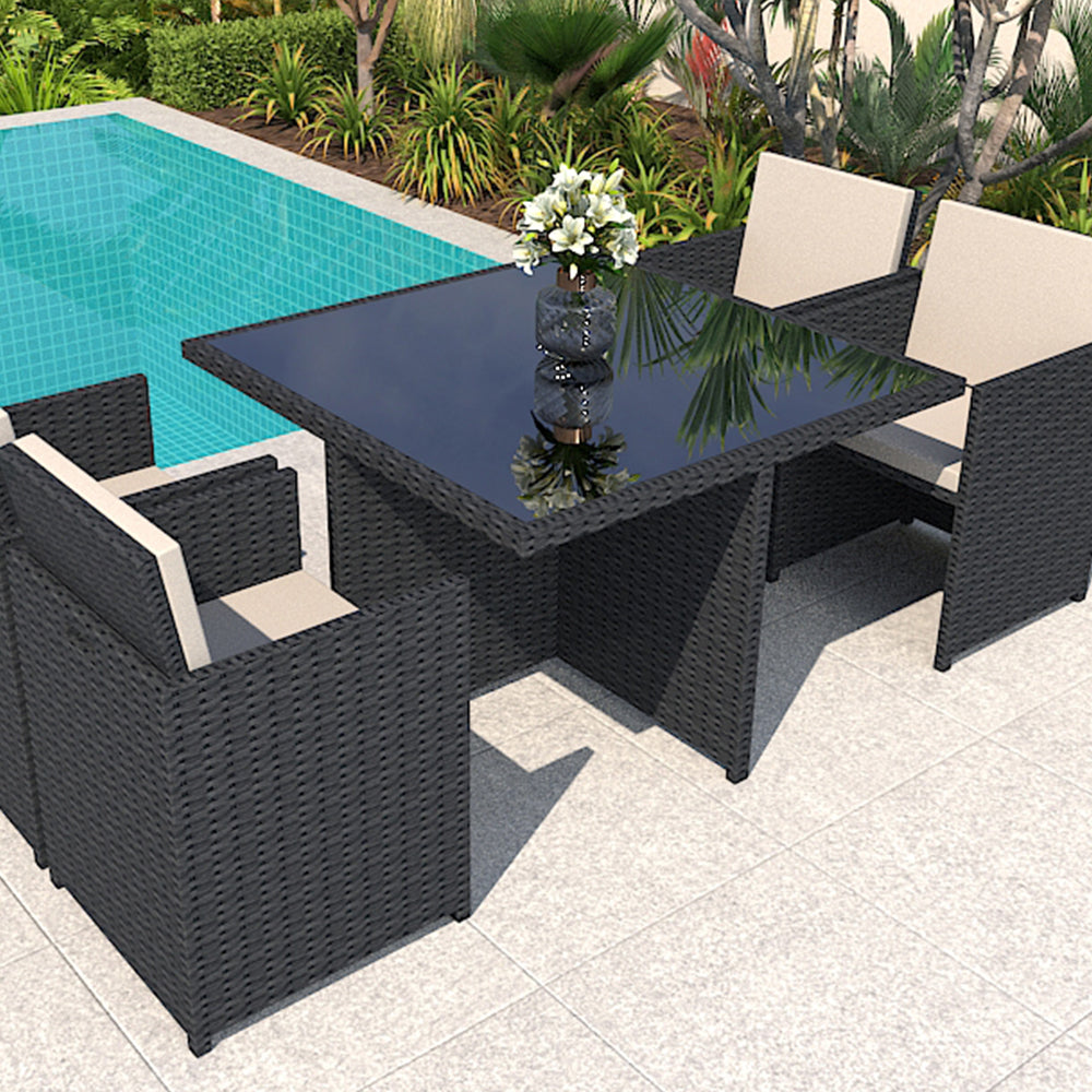 SOLARA 5-Piece 1 Table 4 Chairs PE Rattan Outdoor Dining Set Tempered Glass Desktop - Black
