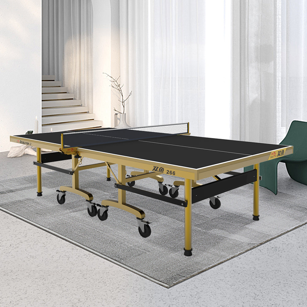 DOUBLE FISH 266 25mm Gold&Black Foldable Solo Play Pro Indoor Table Tennis/Ping Pong Table - Bats Ball Net ITTF Approve
