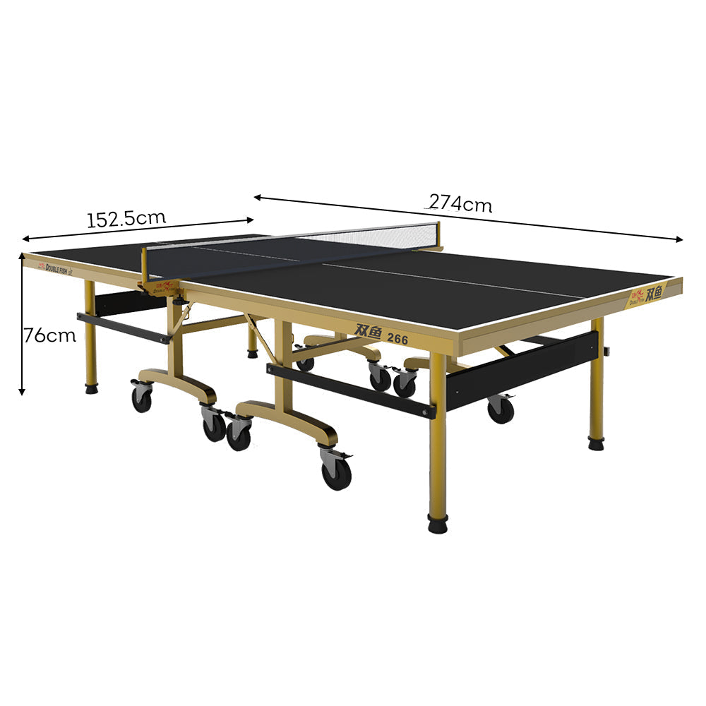 DOUBLE FISH 266 25mm Gold&Black Foldable Solo Play Pro Indoor Table Tennis/Ping Pong Table - Bats Ball Net ITTF Approve