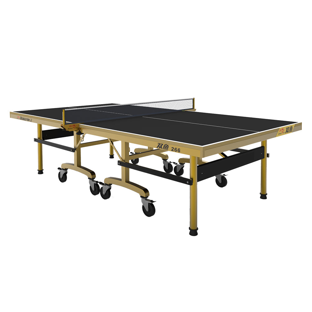 DOUBLE FISH 266 25mm Gold&Black Foldable Solo Play Pro Indoor Table Tennis/Ping Pong Table - Bats Ball Net ITTF Approve