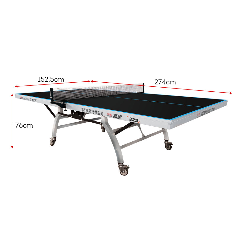 DOUBLE FISH 325 25mm Black Foldable Indoor Table Tennis/Ping Pong Table - Bats Ball Net ITTF Approve