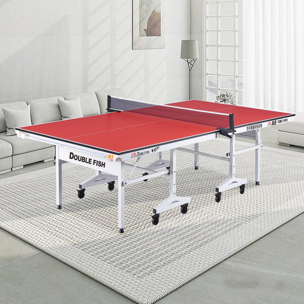 DOUBLE FISH 22MM White&Red Foldable Solo Play Indoor Table Tennis/Ping Pong Table  - Bats Ball Net ITTF Approve